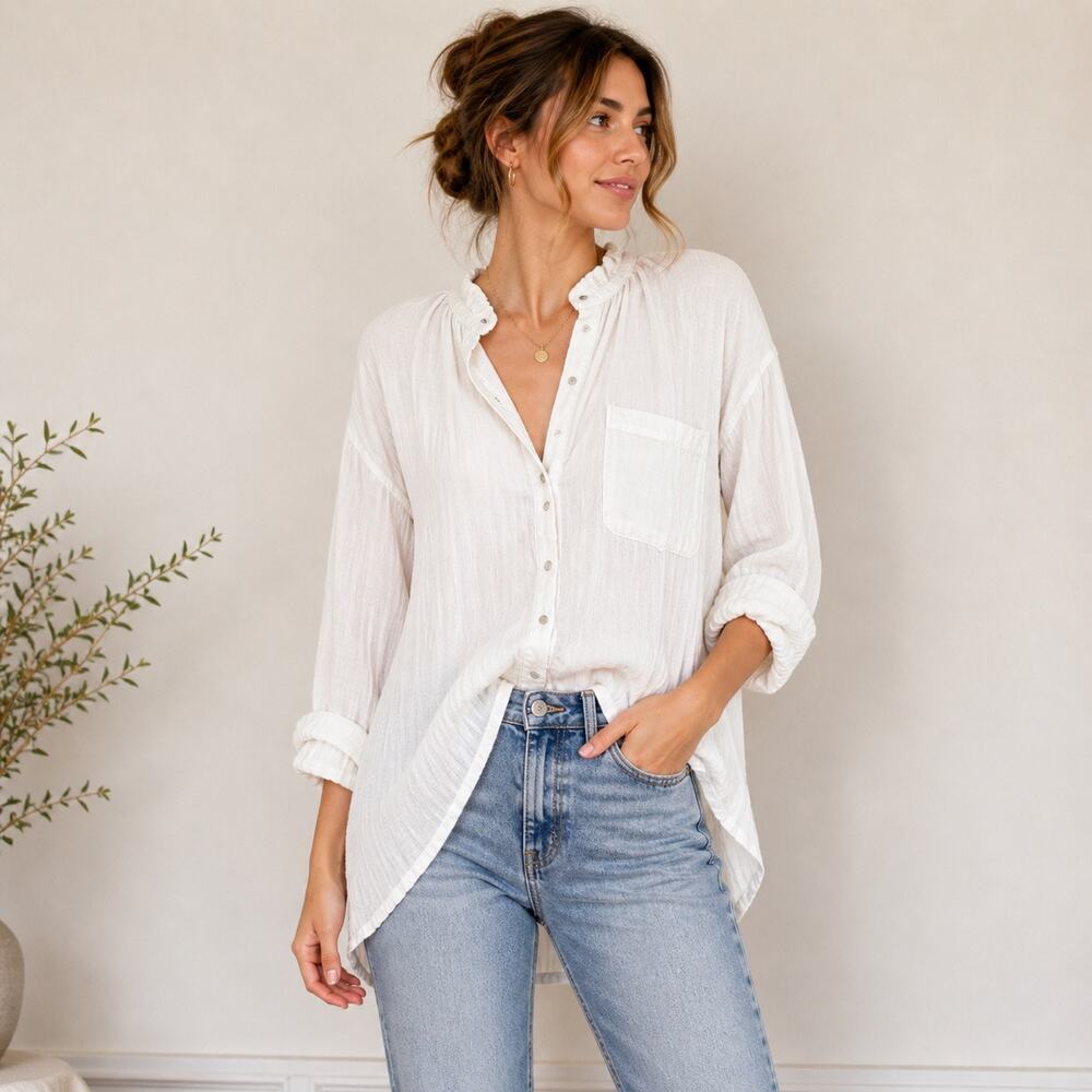 Free People White Button Front Tunic Top Long Sleeve Boho Lightweight Sz XS